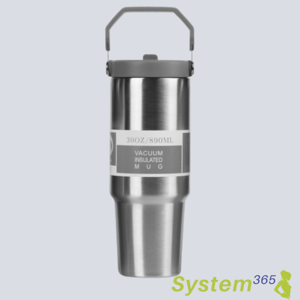 30 oz Vacuum Insulated Stainless Steel Travel Mug with Handle  — System365 Rule: Hydration starts here