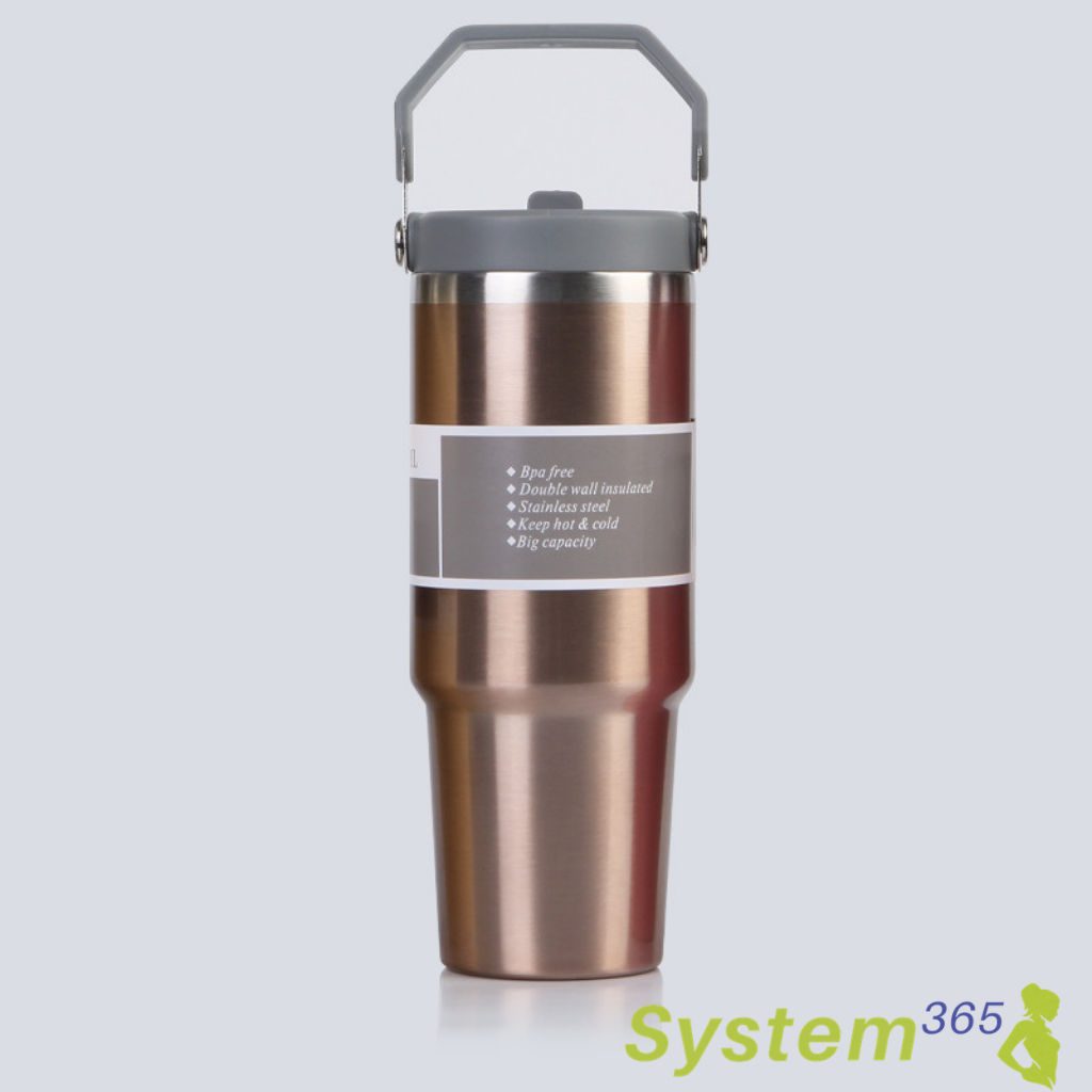 30 oz Vacuum Insulated Stainless Steel Travel Mug with Handle  — System365 Rule: Hydration starts here