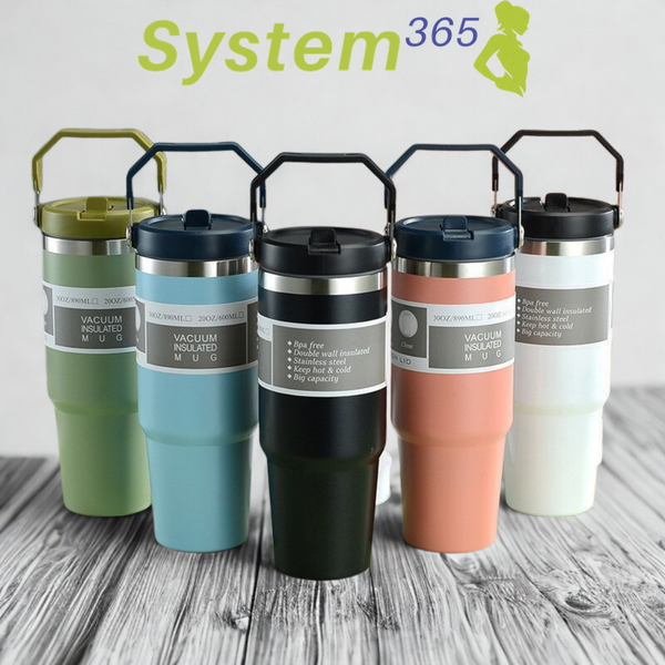 30 oz Vacuum Insulated Stainless Steel Travel Mug with Handle  — System365 Rule: Hydration starts here
